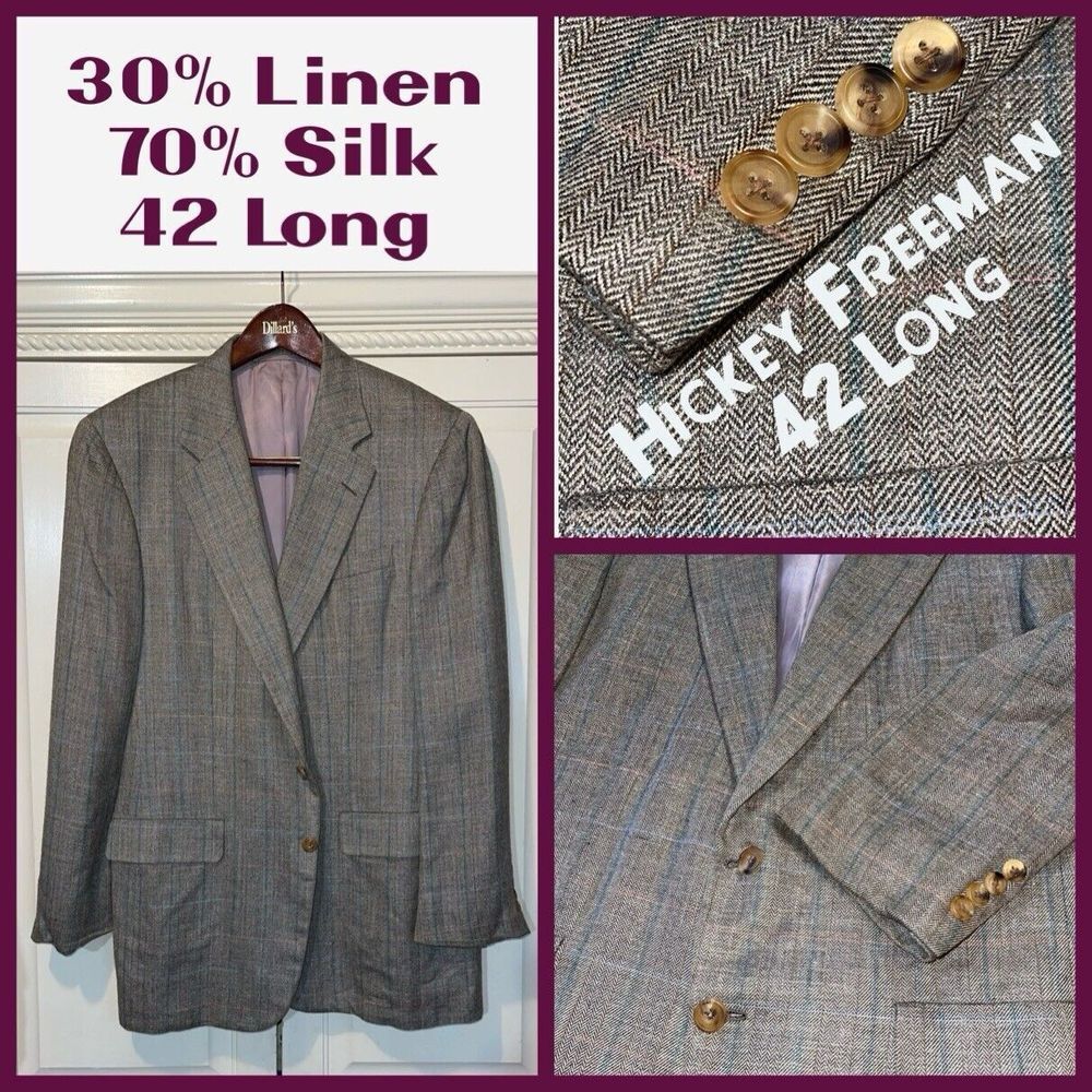 Hickey Freeman Blazer Men 42L Canterbury Gray Windowpane Business Wedding